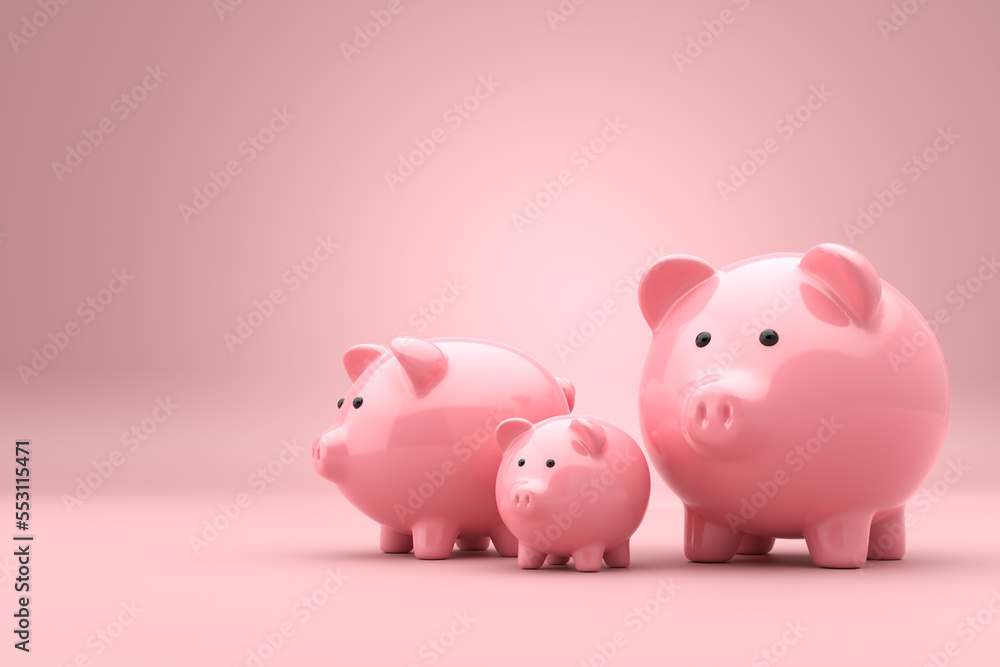 Pink piggy bank family on pink background. Saving money, investment and family household savings concept. Financial planning for the future. 3D rendering.