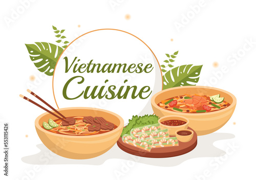 Vietnamese Food Restaurant Menu with Collection of Various Delicious Cuisine Dishes in Flat Style Cartoon Hand Drawn Templates Illustration