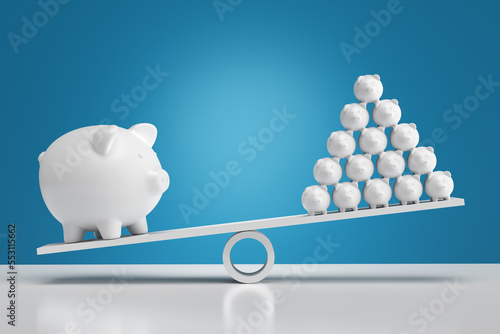 Financial inequality, wealth distribution and savings. Group of small piggy banks pyramid tower outweighs the small piggy banks on a seesaw.