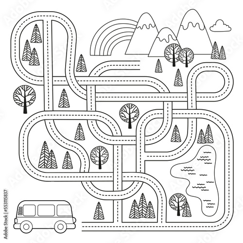 Maze game with vehicles and tangled road. Help the minivan to reach the mountains. Coloring book page