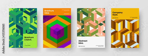 Multicolored corporate brochure A4 design vector concept bundle. Vivid geometric tiles annual report illustration set.