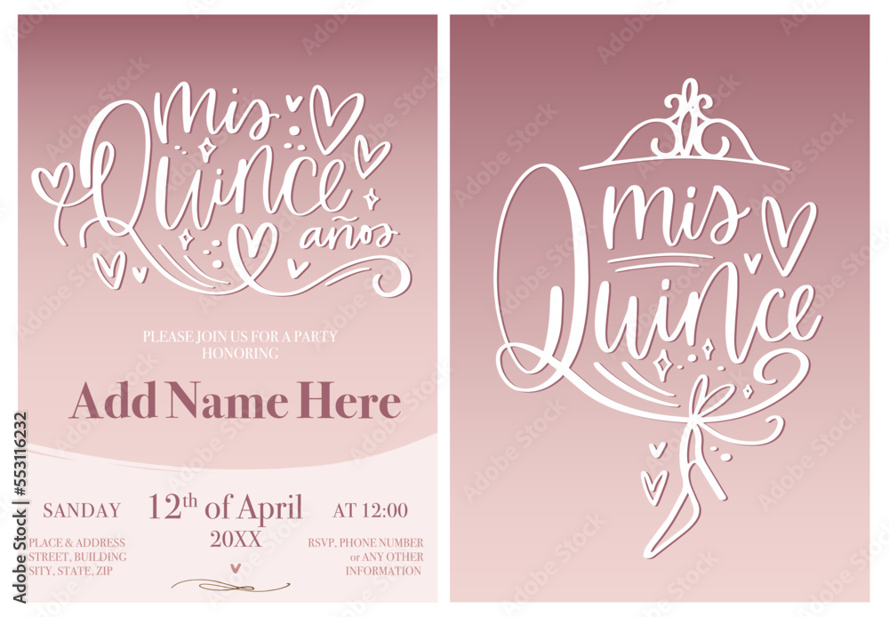 Quinceañera rose gold ombre party invitation template in Spanish language for 15th Birthday