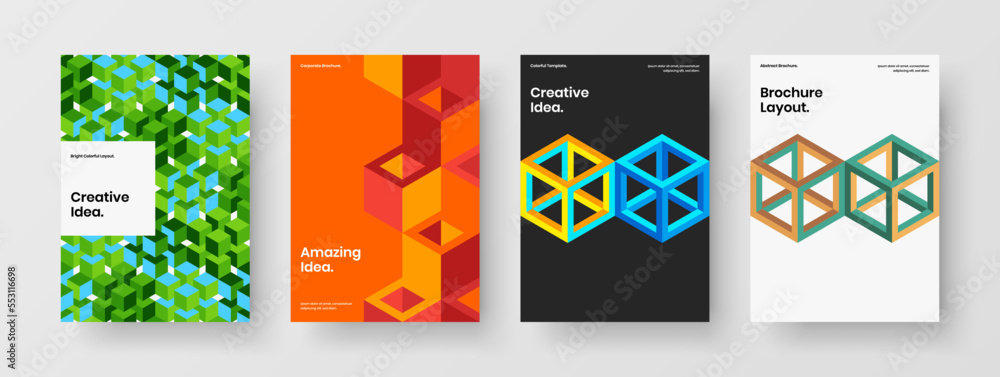 Multicolored corporate identity A4 vector design concept collection. Clean geometric tiles pamphlet illustration set.