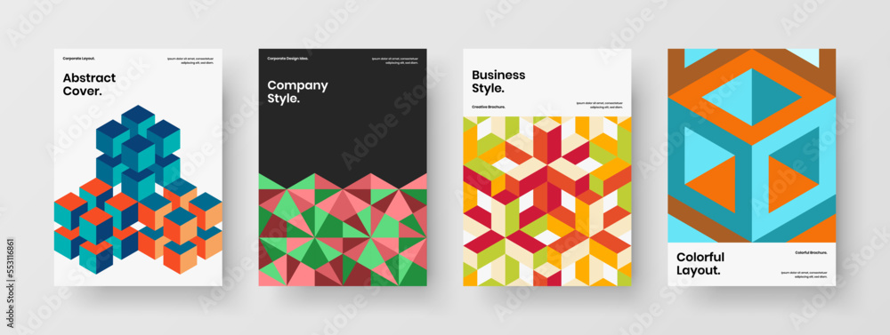 Creative mosaic hexagons annual report concept collection. Simple catalog cover A4 design vector template bundle.