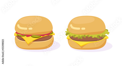 Burger hamburger food vector isolated design or cheeseburger drawn set with salad and beef meat cutlet rissole flat cartoon illustration graphic on white background, bun sandwich meal clipart image