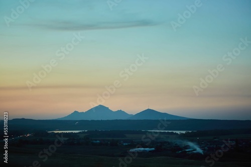 Sunset in the mountains. Beauty in the wild. Landscape with trees.