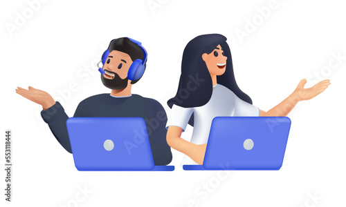 Customer service work, 3D hotline operators consult customers with headsets on computers, 24 7 global online technical support, Call center, call processing system, 3D render Vector illustration