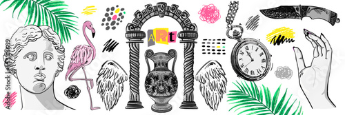 Vector abstract illustration in psychedelic style. Trippy. Greek art. Isolated background with Venus de Milo, arch, knife, vase, hand, pink flamingo, palm leaf, strokes. Modern.