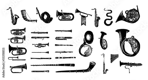 Set of brass and woodwind instruments: flute, clarinet, oboe, bass clarinet, bassoon, horn, trumpet, flugelhorn, trombone, saxophone, tuba. vector, realism