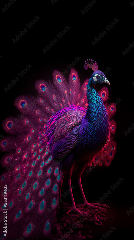 Beautiful pink Peacock bird with tail feathers on a black background. 
Generative Ai 