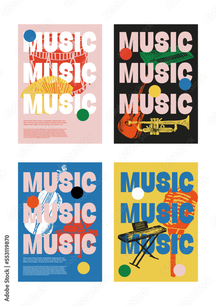 Music festival poster. Musical instruments. Competition. A set of vector illustrations. Minimalistic design. Banner, flyer, cover, print.