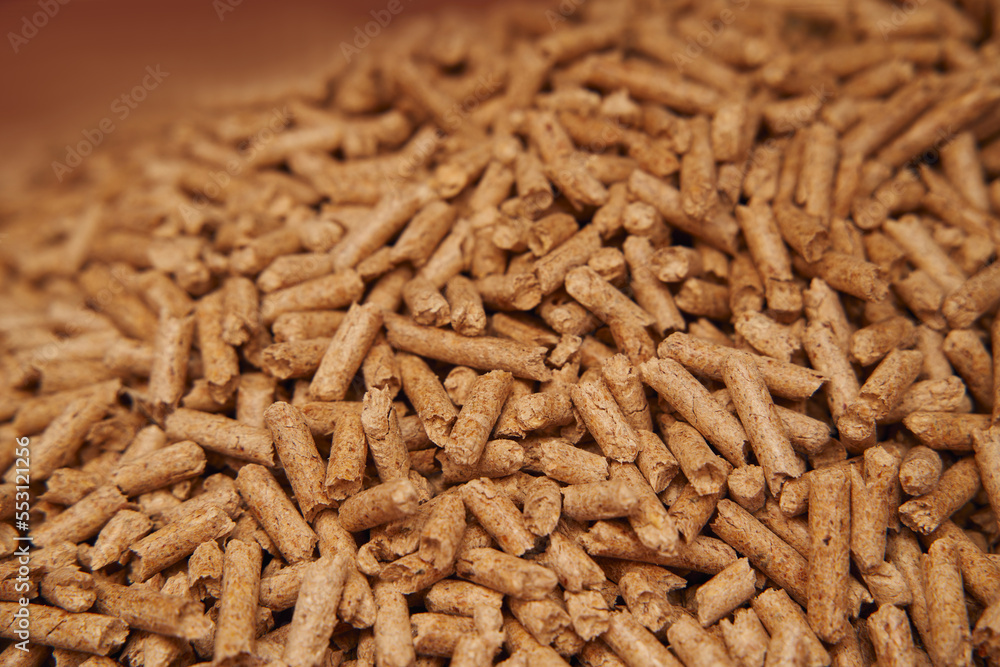 Wooden pellet top view. Close-up of ecological and sustainable fuel. Renewable house heating material. Woodpellet macro. Wooden pellet top view. Close-up of ecological and sustainable fuel. Renewable house heating material. Woodpellet macro.