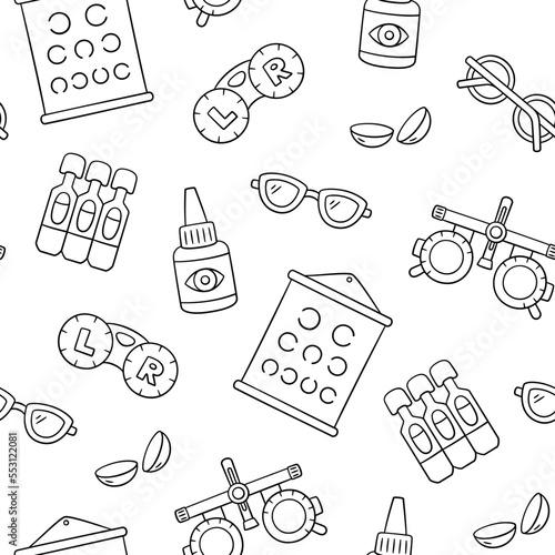 Ophthalmology, optometry hand drawn seamless pattern. Vision test chart, contact lenses, eye drops and glasses in doodle style. Optometry doodle pattern. Vector illustration on white background.