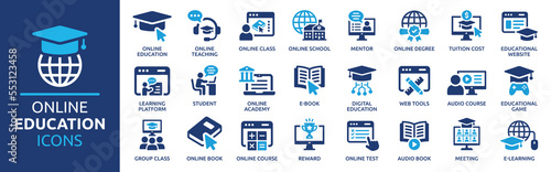 Online education icon set. Containing video tuition, e-learning, online course, audio course, educational website and digital education icons. Solid icon collection. photo