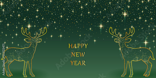 Merry Christmas and Happy New Year. Christmas card template with golden deers, snowflakes and stars on a green background. Vector illustration.