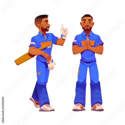 Cricket player, indian batsman show thumb up gesture and namaste. Man in sport uniform, professional sportsman with cricket bat from India isolated on white background, vector cartoon illustration