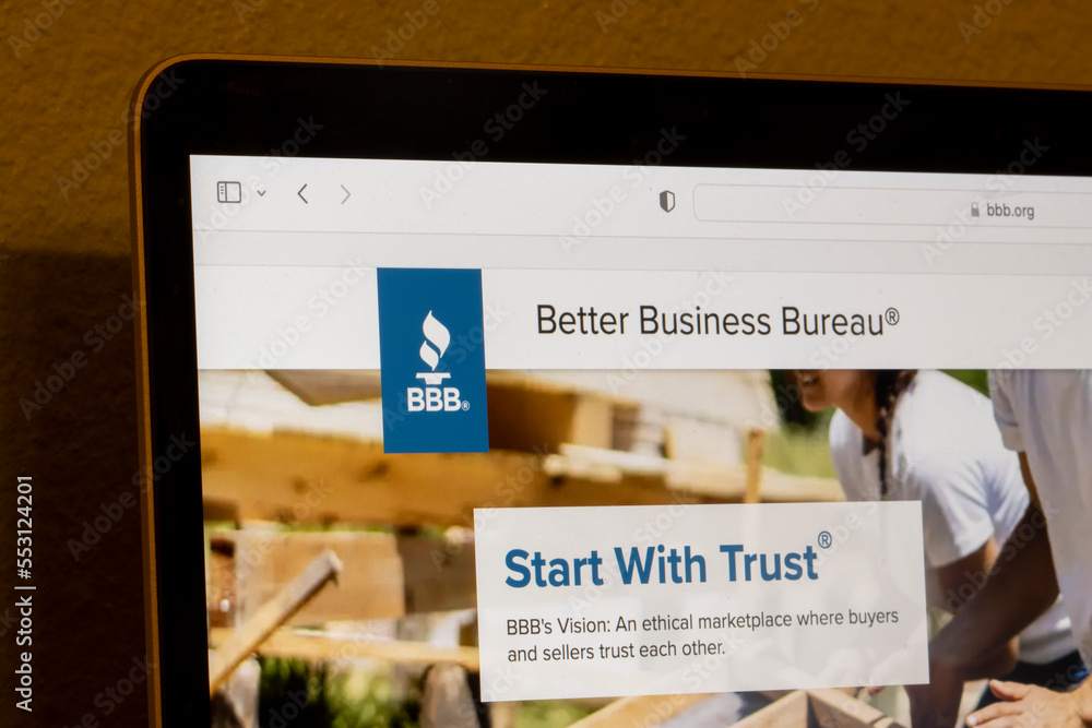 Portland, OR, USA - Dec 9, 2022: Website homepage of Better Business Bureau  (BBB), a nonprofit whose self-described mission is to focus on advancing  marketplace trust, is seen on a computer. Stock