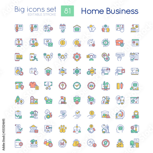 Home business RGB color big icons set. Small manufacturing. Working remotely. Isolated vector illustrations. Simple filled line drawings collection. Editable stroke. Quicksand-Light font used