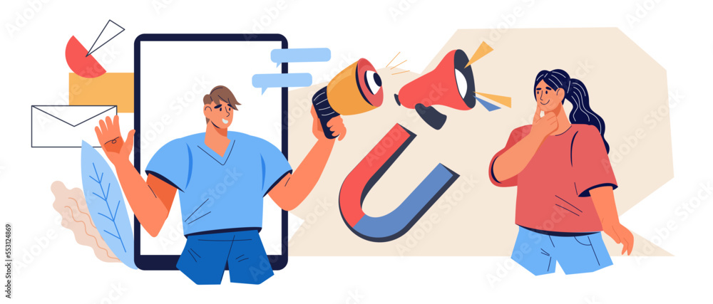 Target audience of SMM marketing. Advertising SMM-manager in social networks. Business target and sales generation, flat vector illustration isolated on white background. Target audience of SMM marketing. Advertising SMM-manager in social networks. Business target and sales generation, flat vector illustration isolated on white background.