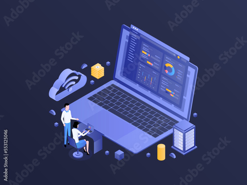 Online Tax Isometric Dark Gradient Illustration. Suitable for Mobile App, Website, Banner, Diagrams, Infographics, and Other Graphic Assets.