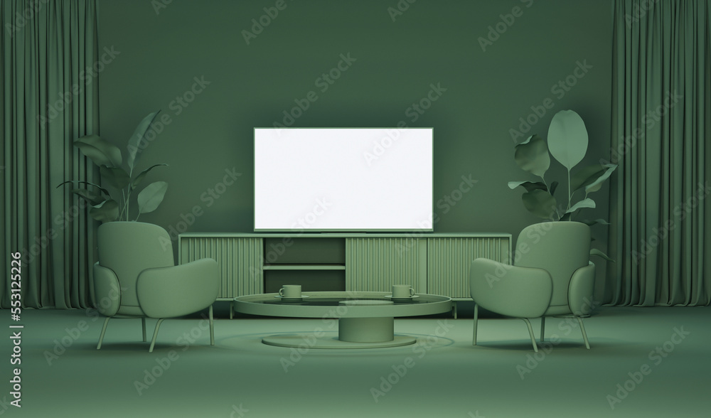 Two armchairs in front of the TV in the green living room. The concept of viewing movies and TV shows online with the whole family. 3d rendering.
Two armchairs in front of the TV in the green living room. The concept of viewing movies and TV shows online with the whole family. 3d rendering.
