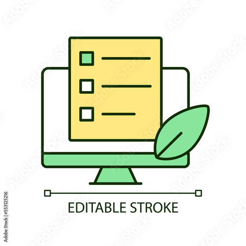 Test eco-friendly compliance RGB color icon. Check ecological rules. Audit environmental laws. Isolated vector illustration. Simple filled line drawing. Editable stroke. Arial font used