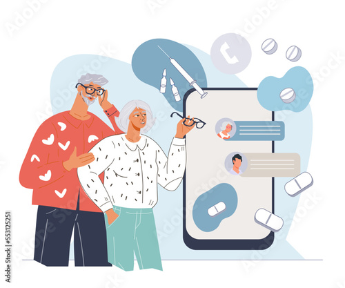 Elderly people online medical support and advice. Online medical consultations remotely for the elderly, flat vector illustration isolated on white background. Medicine and pharmacy.