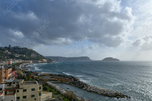 Panoramic view of Pozzuoli, a town overlooking the sea near Naples in Italy.	