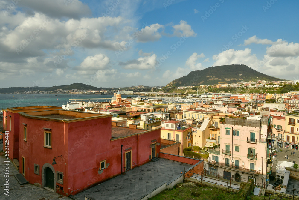Panoramic view of Pozzuoli, a town overlooking the sea near Naples in Italy.