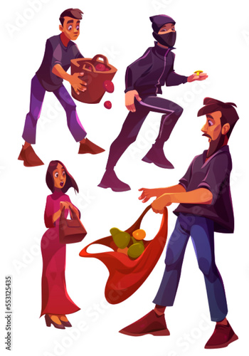 Cartoon characters, male and female personages thief with gold ring, men with fruit basket and grocery bag, surprised or shocked woman with open mouth isolated on white background, Vector illustration