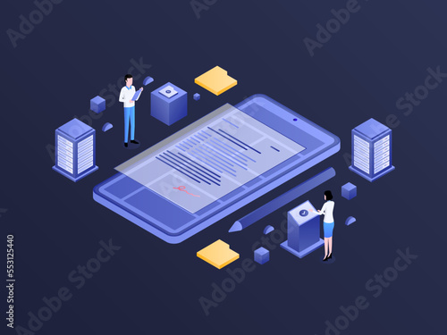 Digital Signature Isometric Dark Gradient Illustration. Suitable for Mobile App, Website, Banner, Diagrams, Infographics, and Other Graphic Assets.