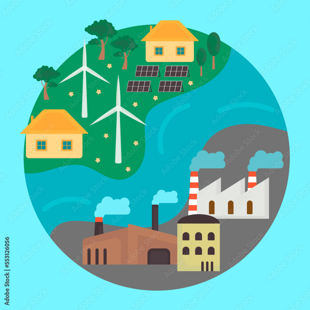 icon, sticker, button on the theme of saving and renewable energy with earth and non-renewable energy and wind turbines, solar panels