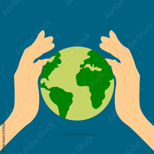 icon  sticker  button on the theme of saving earth with hands holding earth  planet on blue background