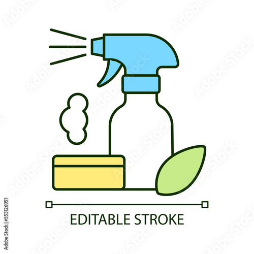 Natural household products RGB color icon. Organic cleaning supplies. Eco washing powder. Sustainable goods. Isolated vector illustration. Simple filled line drawing. Editable stroke. Arial font used