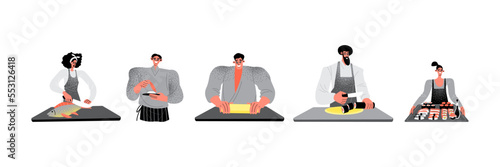 Men and women cut fish, prepare sushi and rolls. Sushi chef. Set of vector isolated cartoon illustrations