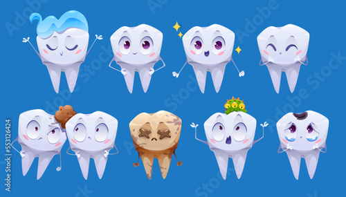 Teeth cartoon characters, clean and dirty tooth personages. Dental whitening and clearing oral cavity, enamel caries, health care, stone, toothpaste isolated on blue background, Vector illustration