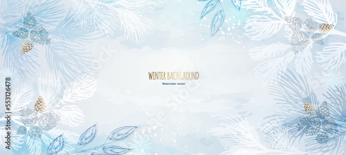 Winter background, close-up landscape. Watercolor vector drawing of pine branches and cones. Design for banner, wallpaper, poster, postcard, cover, congratulations. 