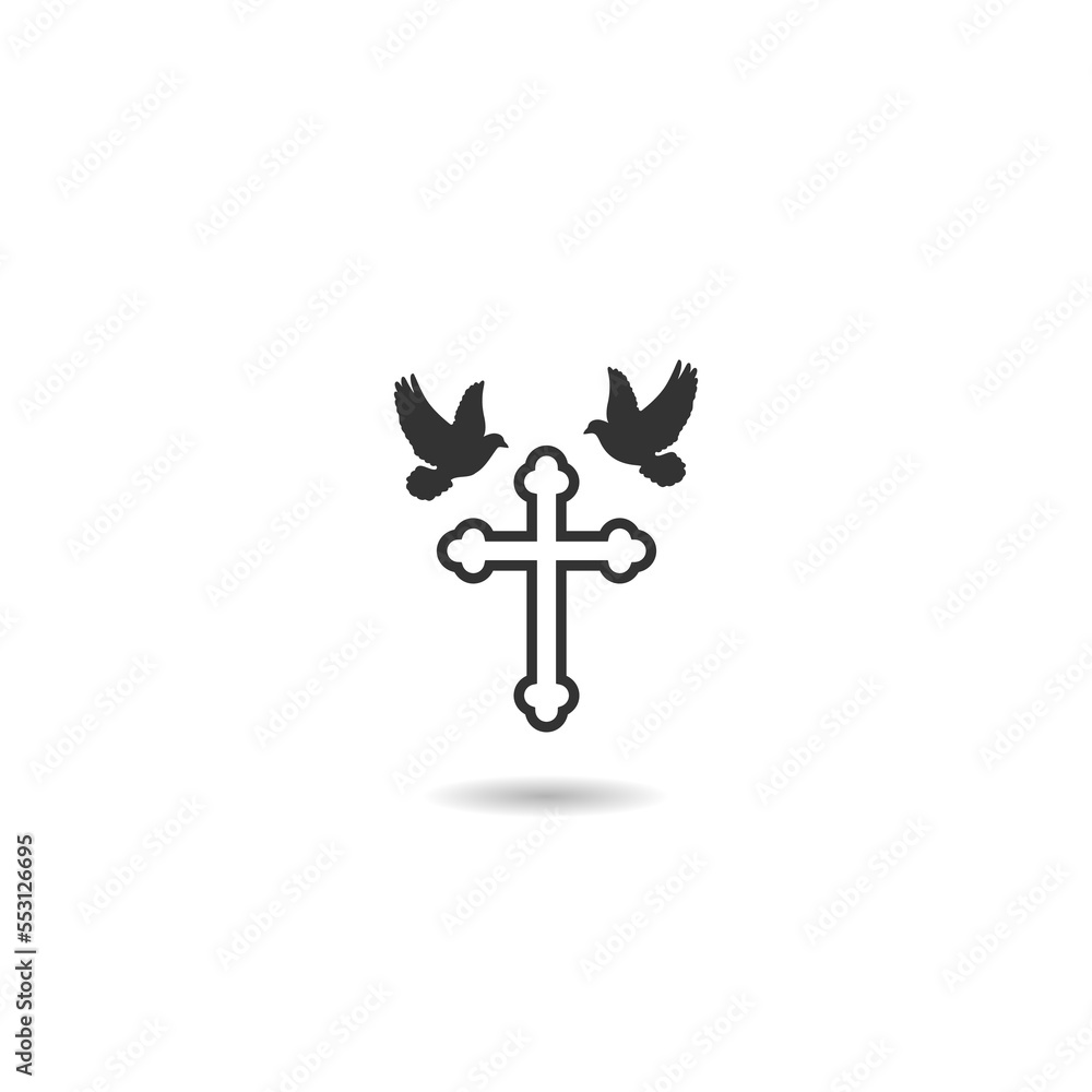 Christian cross and Pigeons icon with shadow Christian cross and Pigeons icon with shadow