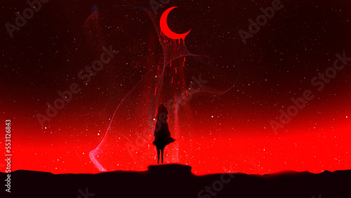 anime girl with red sky digital art ,type painting ,3d illustration , high definition ,  wallpaper
