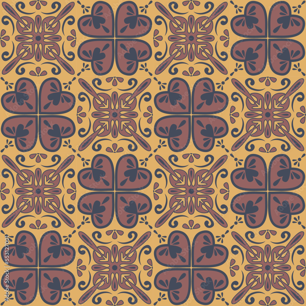Decorative square shaped ceramic tiles, trendy beige brown brick dark color and ornate arabic pattern, vintage vector illustration