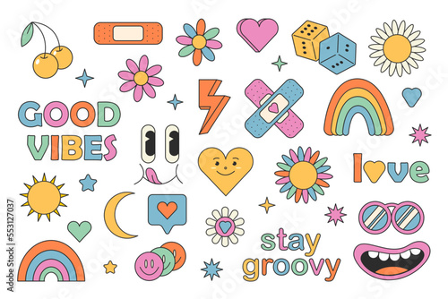 Retro 70s hippie stickers, groovy elements. Cartoon funky flowers, rainbow, vintage hippy style element vector set. Stock vector graphics. flowers, rainbow, heart, emotions