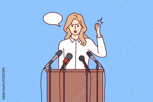 Professional woman politician speaks standing behind wooden tribune with microphones and waving hand. Young girl activist stands for tougher environmental regulations. Flat vector illustration photo