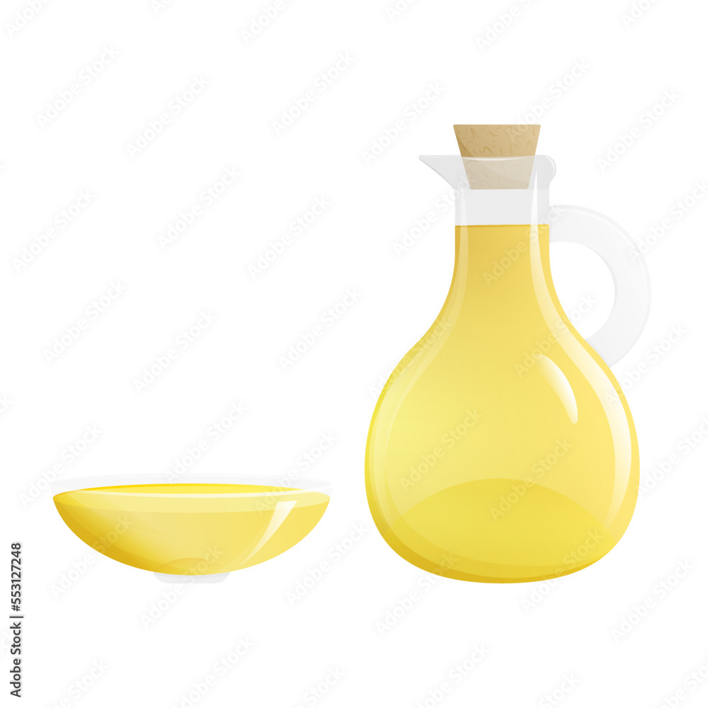 Olive oil in a bottle and plate. Isolated cartoon vector illustration Olive oil in a bottle and plate. Isolated cartoon vector illustration