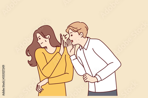 Self-sufficient woman turns away from screaming man after insults or unpleasant words. Girl shows stop sign with palm to guy who wants to tell secret or make obscene proposal. Flat vector illustration