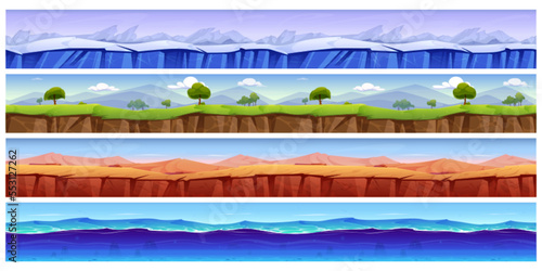 Cartoon set of game grounds with seamless texture of ice, deep sea water, empty desert, green nature landscape with mountains, trees, grass and blue sky. Vector illustration of gui level platforms