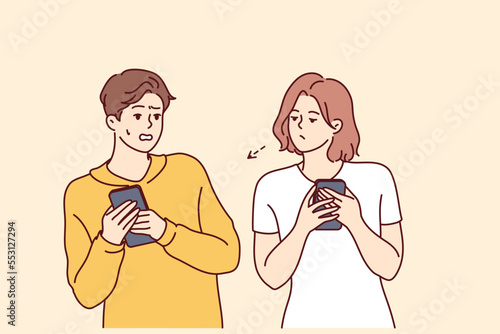 Man hides mobile phone from curious woman peeping and exploding in private space. Girl looks at correspondence of embarrassed boyfriend using social networks in smartphone. Flat vector illustration