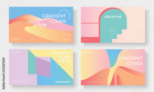 Set of template background design vector. Collection of pastel gradient vibrant landscapes, desert, wall, door, stairs. Design illustration for business card, cover, banner, wallpaper, posters.