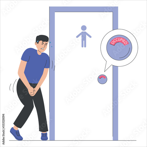 Man wants to pee and standing at the closed toilet door vector isolated. Occupied WC, male character needs to urinate. Funny character with full bladder.