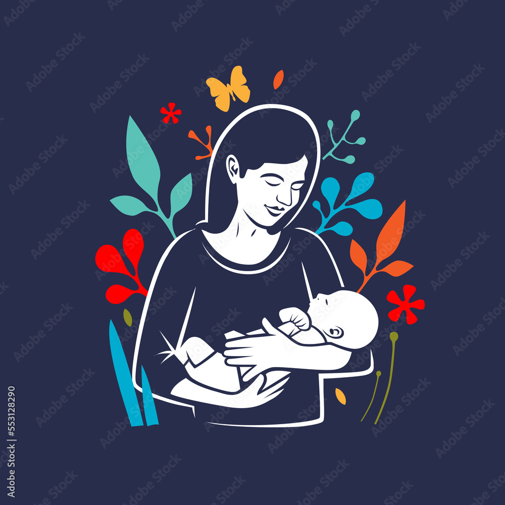 Naklejka premium Happy mother hugging her child on a festive background with flowers.