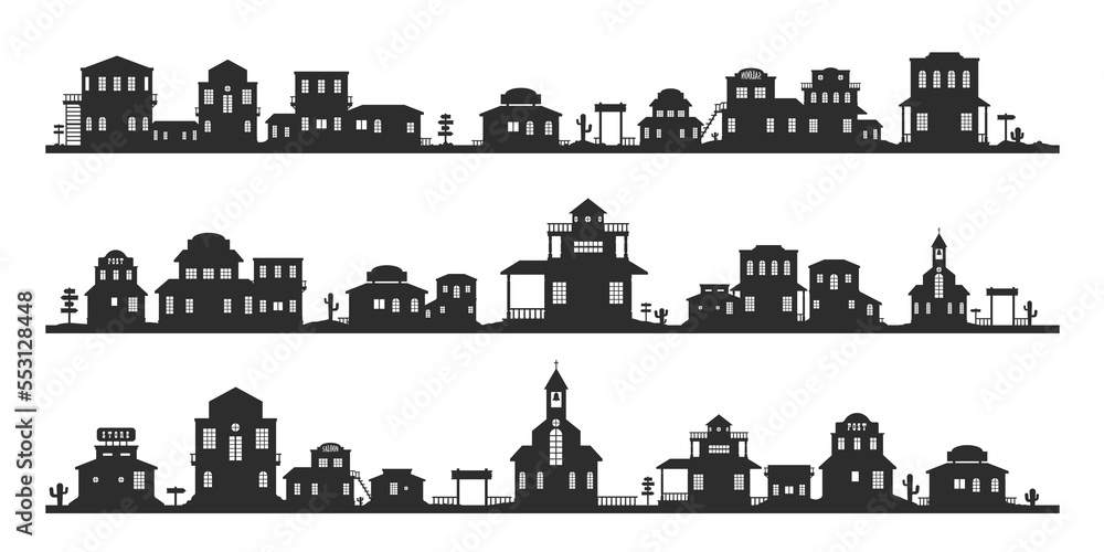Western silhouette panorama. Wild west traditional buildings landscape, monochrome background with old country street houses. Vector collection